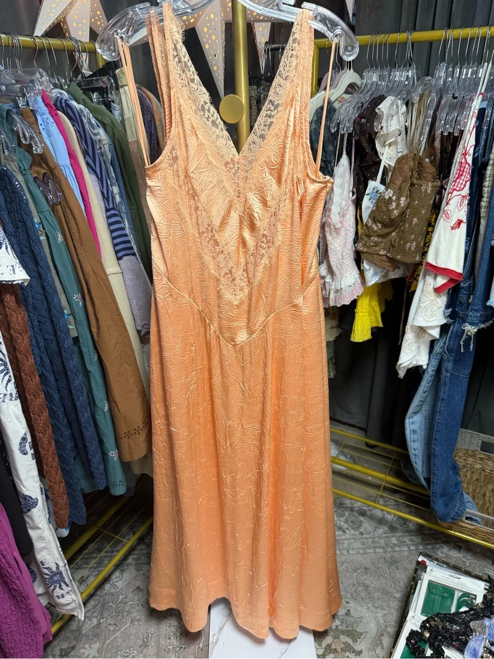 NWOT Free People Maybe Forever Satin & Lace Maxi Dress- Bellini